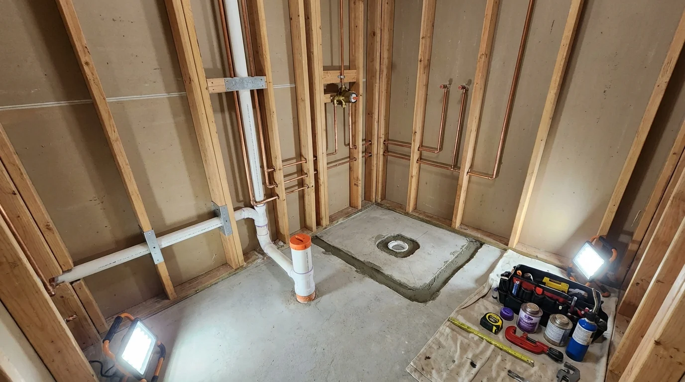Bathroom rough-in plumbing during remodel by Johns Plumbing LLC in Port Edwards