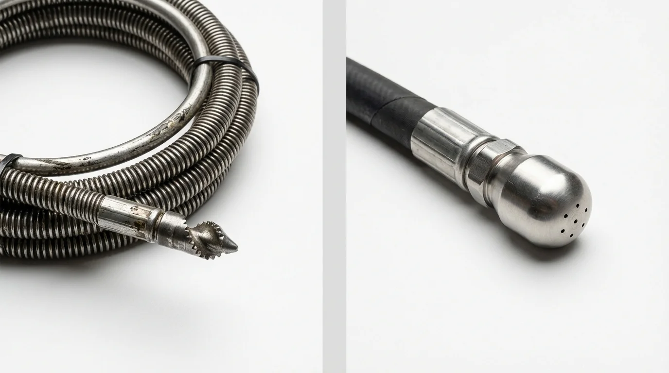 Drain snake cable and hydro jetting nozzle used for drain cleaning in Port Edwards, WI