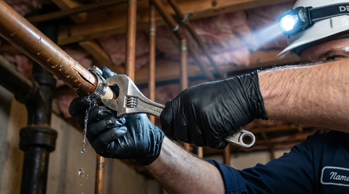 Emergency pipe clamp repair being performed by a Johns Plumbing LLC plumber in Port Edwards