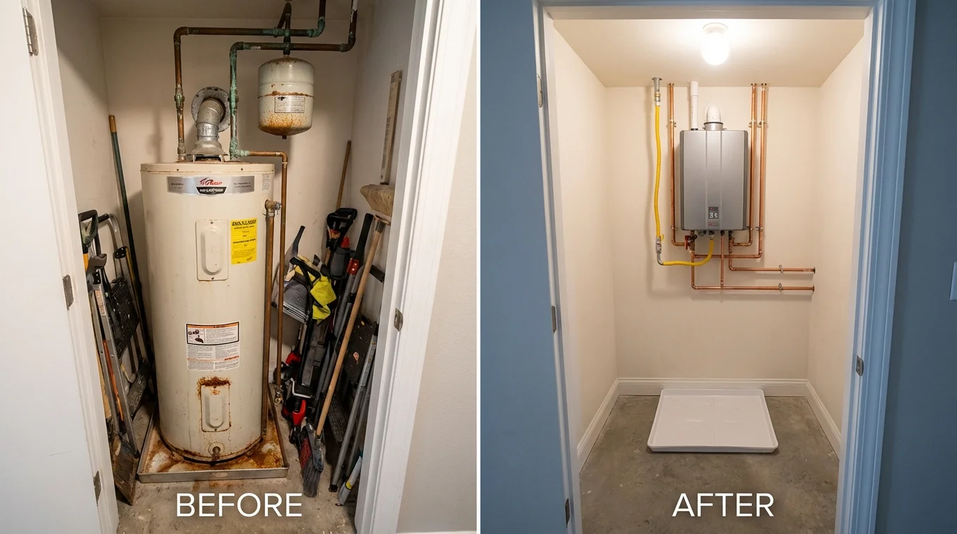 Tank water heater versus wall-mounted tankless unit comparison for Port Edwards, WI homeowners