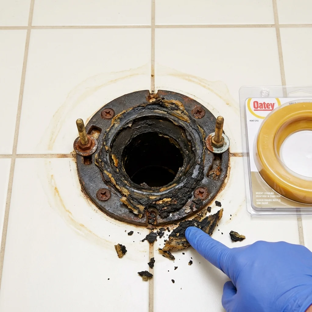 Failed wax ring showing water seepage at the base of a toilet in a Port Edwards, WI home