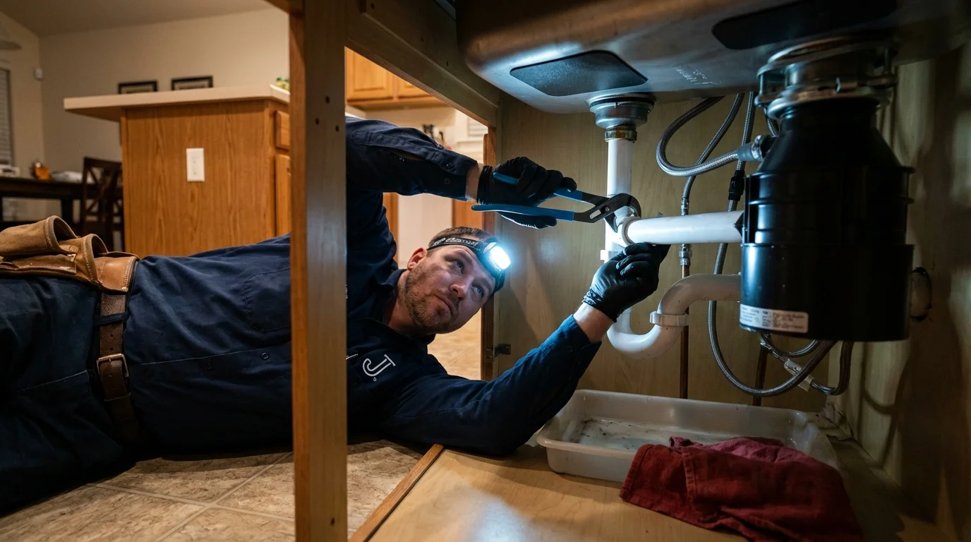 P-trap and supply line connections under a kitchen sink showing a common leak point in Port Edwards, WI